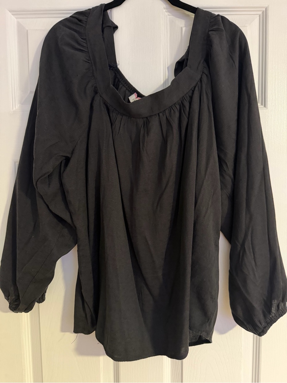 Black Boho Peasant Blouse with Gathered Scoop Neck